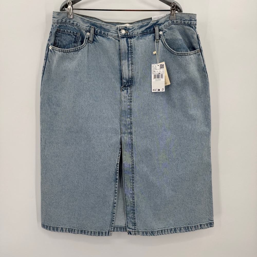 MANGO High Waist Denim Midi Skirt size 1XL 1X MNG 100% Cotton Light Blue Jean